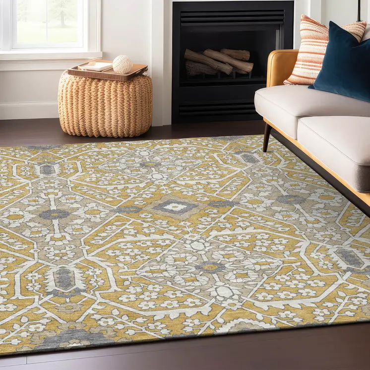 3' X 5' Gold Ivory And Gray Floral Washable Indoor Outdoor Area Rug
