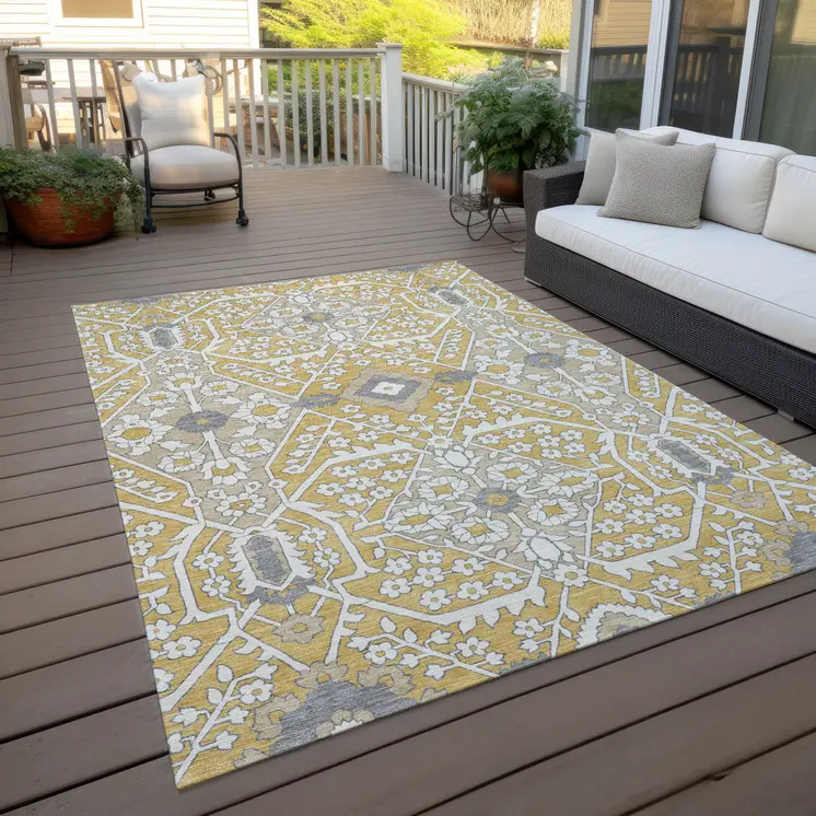 5' X 8' Gold Ivory And Gray Floral Washable Indoor Outdoor Area Rug