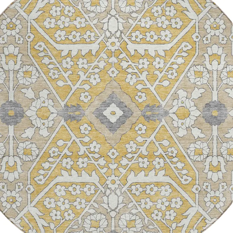 8' Gold Ivory And Gray Round Floral Washable Indoor Outdoor Area Rug