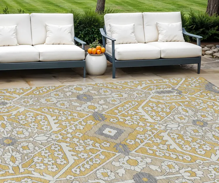 8' X 10' Gold Ivory And Gray Floral Washable Indoor Outdoor Area Rug