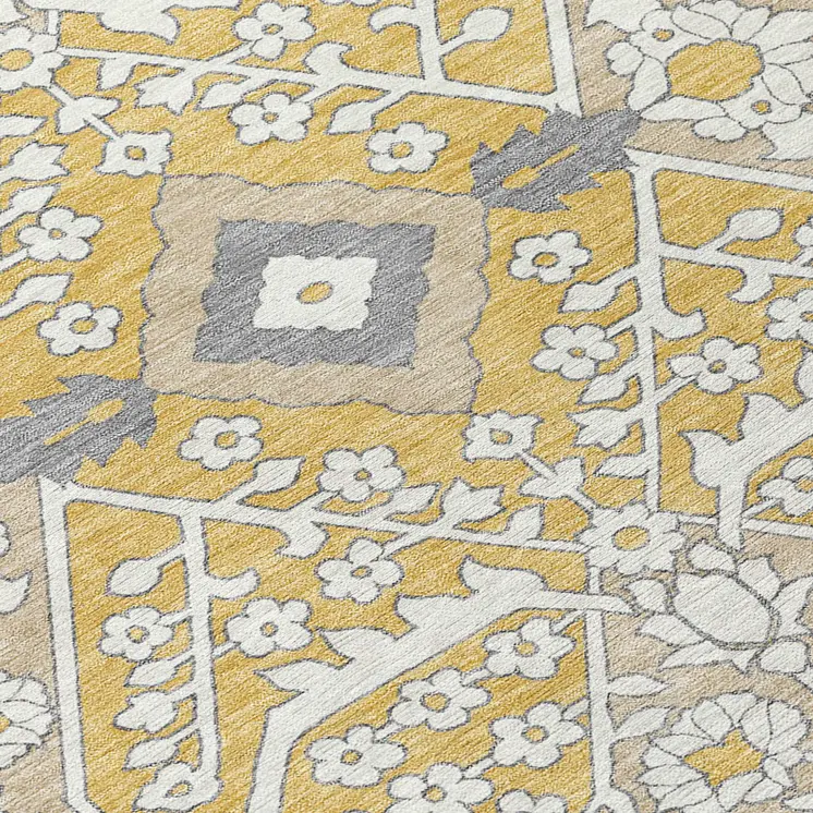 9' X 12' Gold Ivory And Gray Floral Washable Indoor Outdoor Area Rug