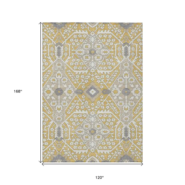 10' X 14' Gold Ivory And Gray Floral Washable Indoor Outdoor Area Rug