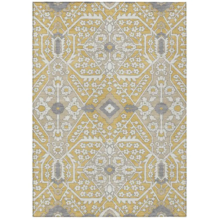 10' X 14' Gold Ivory And Gray Floral Washable Indoor Outdoor Area Rug