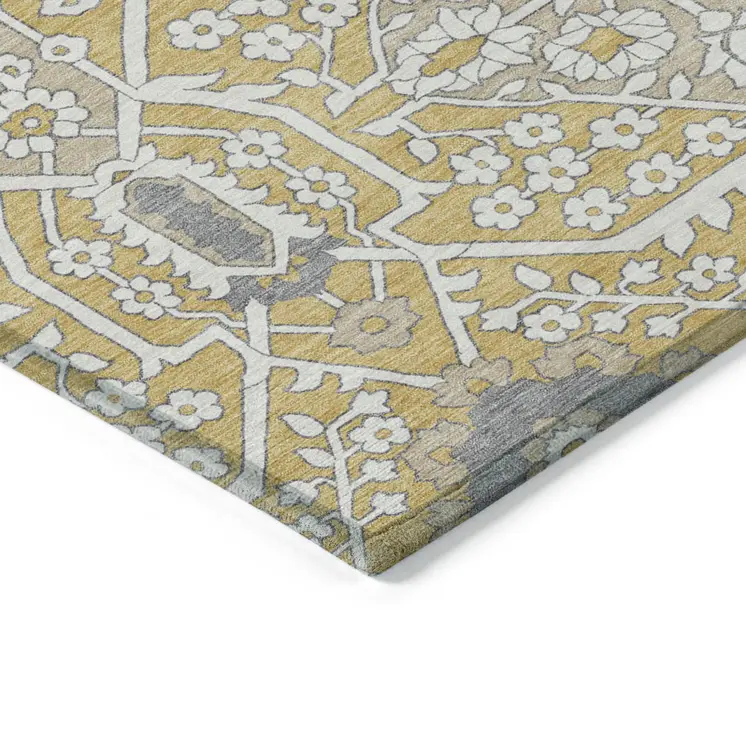 10' X 14' Gold Ivory And Gray Floral Washable Indoor Outdoor Area Rug