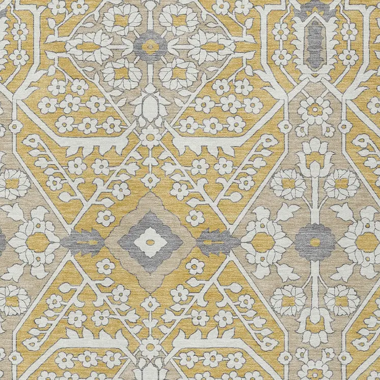 10' X 14' Gold Ivory And Gray Floral Washable Indoor Outdoor Area Rug