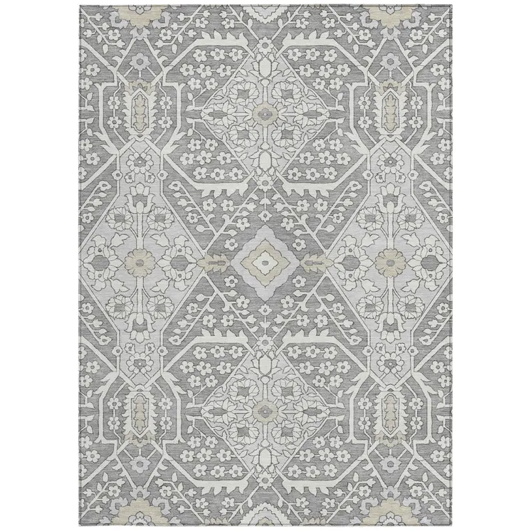3' X 5' Gray Ivory And Silver Floral Washable Indoor Outdoor Area Rug