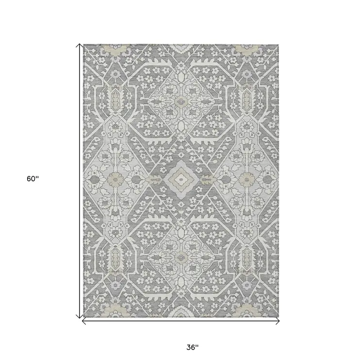 3' X 5' Gray Ivory And Silver Floral Washable Indoor Outdoor Area Rug