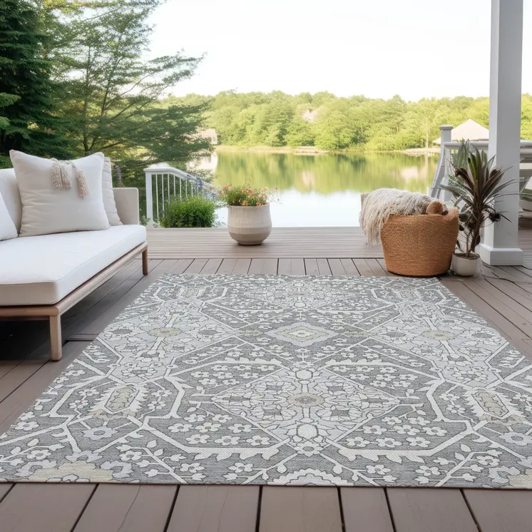 3' X 5' Gray Ivory And Silver Floral Washable Indoor Outdoor Area Rug