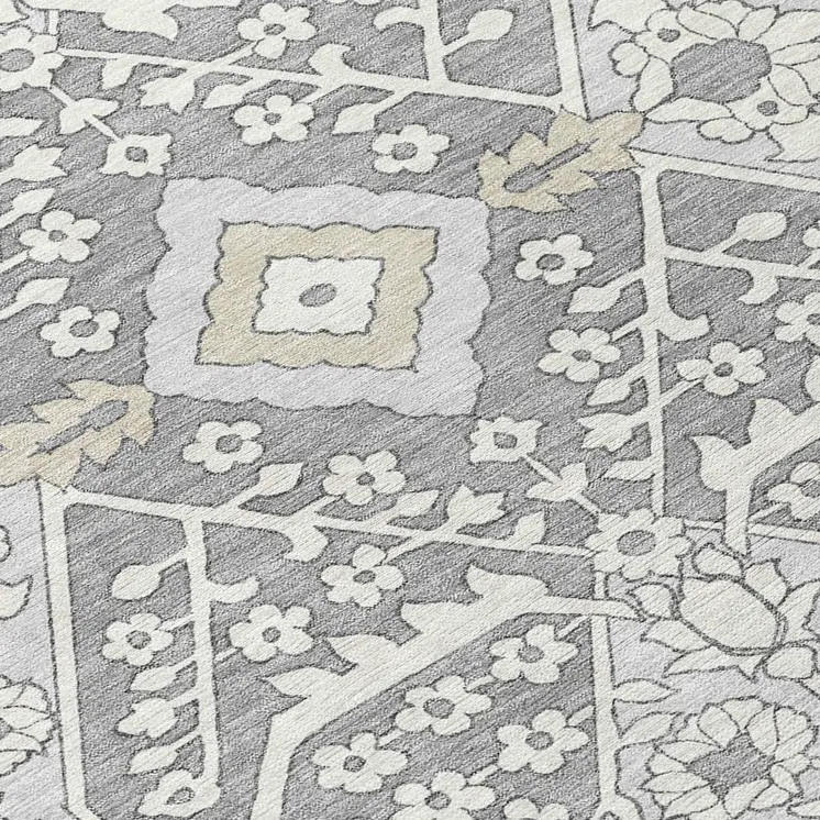 3' X 5' Gray Ivory And Silver Floral Washable Indoor Outdoor Area Rug