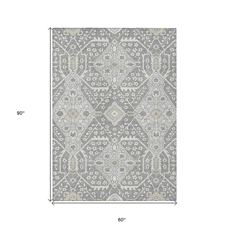5' X 8' Gray Ivory And Silver Floral Washable Indoor Outdoor Area Rug