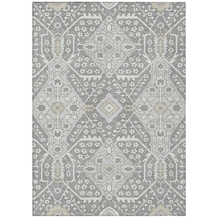 5' X 8' Gray Ivory And Silver Floral Washable Indoor Outdoor Area Rug