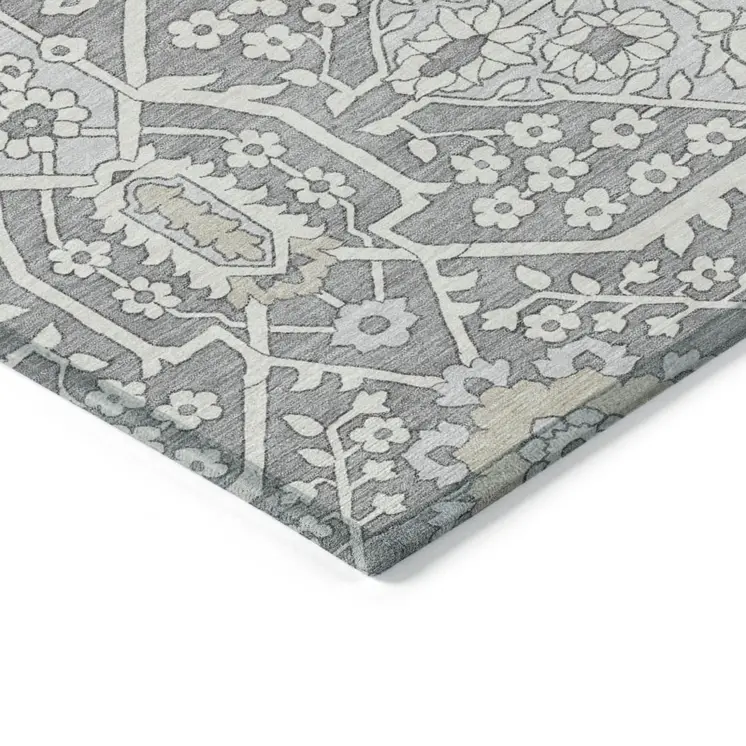 5' X 8' Gray Ivory And Silver Floral Washable Indoor Outdoor Area Rug