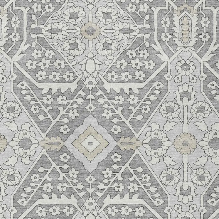 5' X 8' Gray Ivory And Silver Floral Washable Indoor Outdoor Area Rug