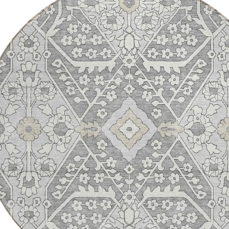 8' Gray Ivory And Silver Round Floral Washable Indoor Outdoor Area Rug
