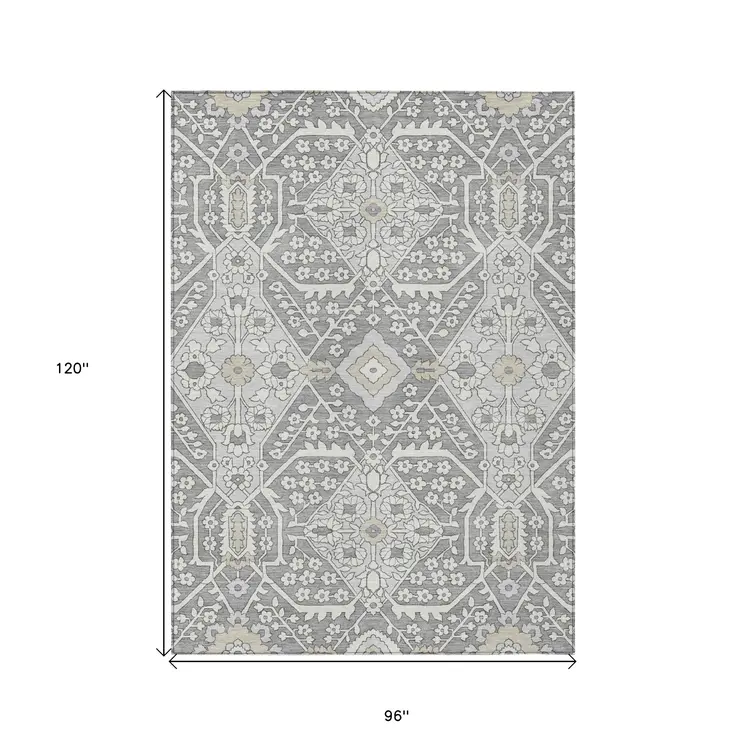 8' X 10' Gray Ivory And Silver Floral Washable Indoor Outdoor Area Rug