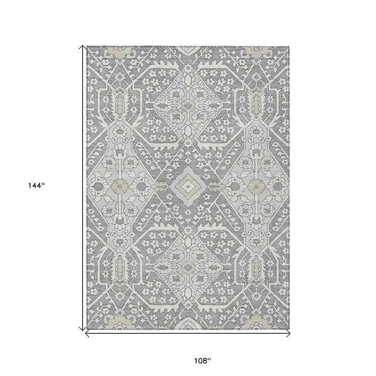 9' X 12' Gray Ivory And Silver Floral Washable Indoor Outdoor Area Rug