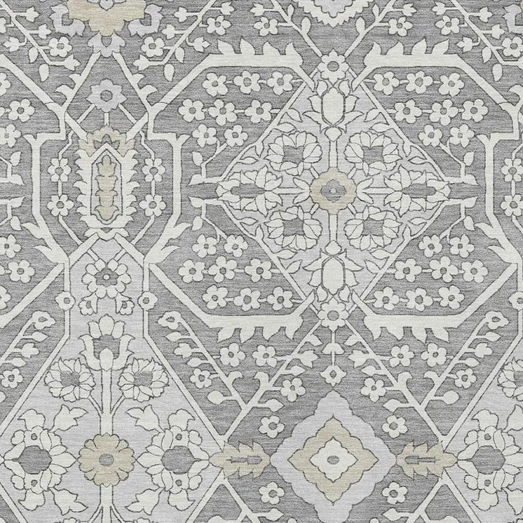 9' X 12' Gray Ivory And Silver Floral Washable Indoor Outdoor Area Rug