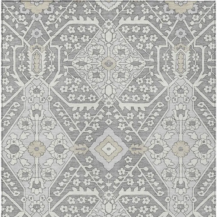 10' X 14' Gray Ivory And Silver Floral Washable Indoor Outdoor Area Rug