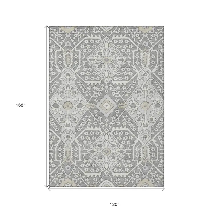 10' X 14' Gray Ivory And Silver Floral Washable Indoor Outdoor Area Rug