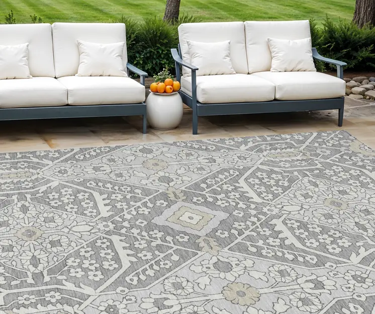 10' X 14' Gray Ivory And Silver Floral Washable Indoor Outdoor Area Rug