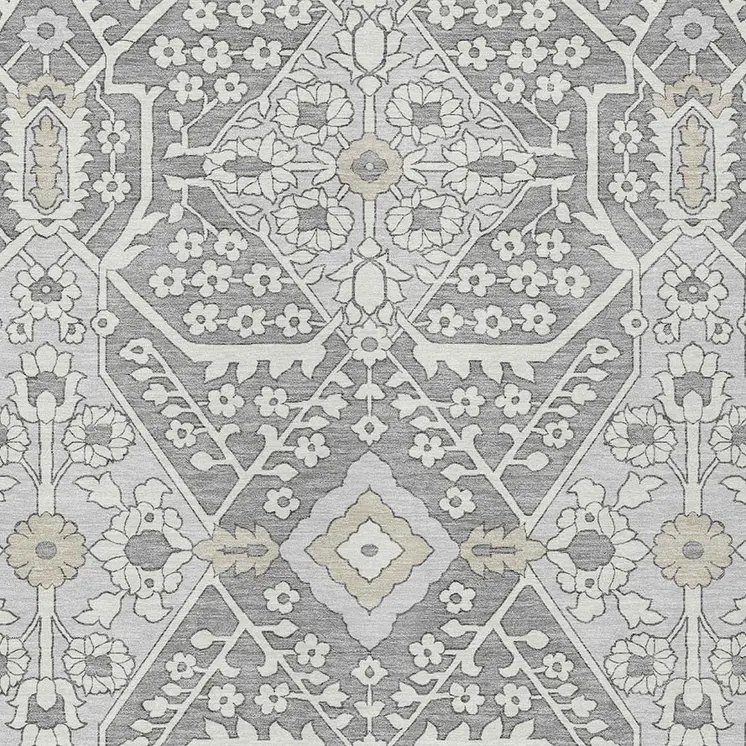 10' X 14' Gray Ivory And Silver Floral Washable Indoor Outdoor Area Rug