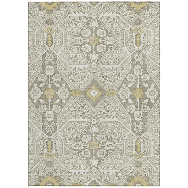 3' X 5' Ivory Beige And Gold Floral Washable Indoor Outdoor Area Rug