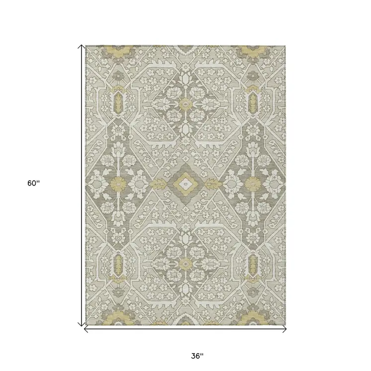 3' X 5' Ivory Beige And Gold Floral Washable Indoor Outdoor Area Rug