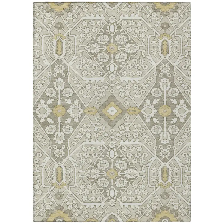 3' X 5' Ivory Beige And Gold Floral Washable Indoor Outdoor Area Rug