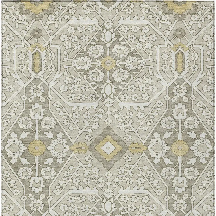 3' X 5' Ivory Beige And Gold Floral Washable Indoor Outdoor Area Rug