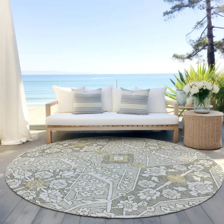8' Ivory Beige And Gold Round Floral Washable Indoor Outdoor Area Rug