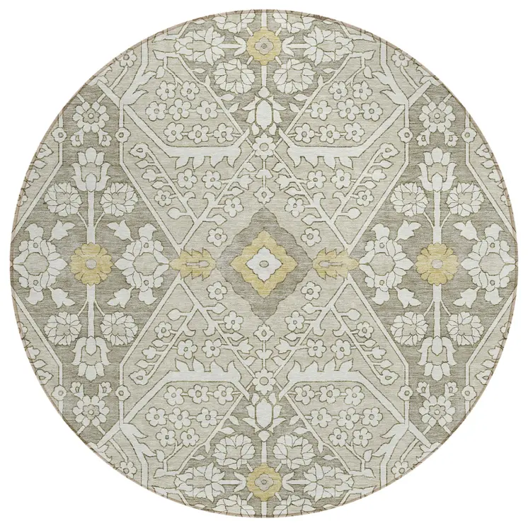 8' Ivory Beige And Gold Round Floral Washable Indoor Outdoor Area Rug