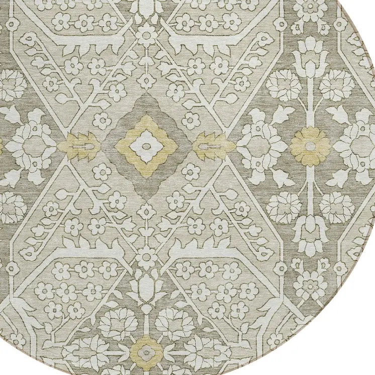 8' Ivory Beige And Gold Round Floral Washable Indoor Outdoor Area Rug