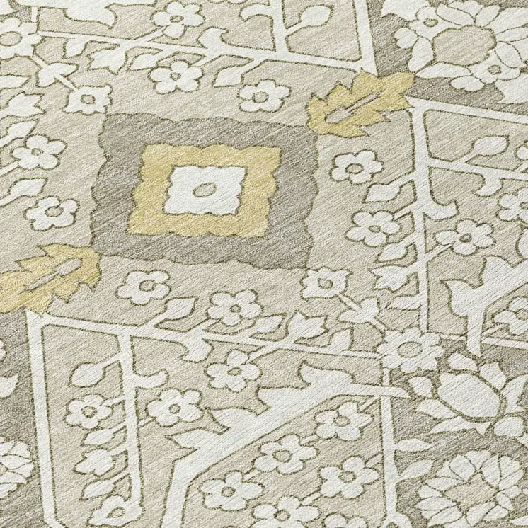 8' Ivory Beige And Gold Round Floral Washable Indoor Outdoor Area Rug