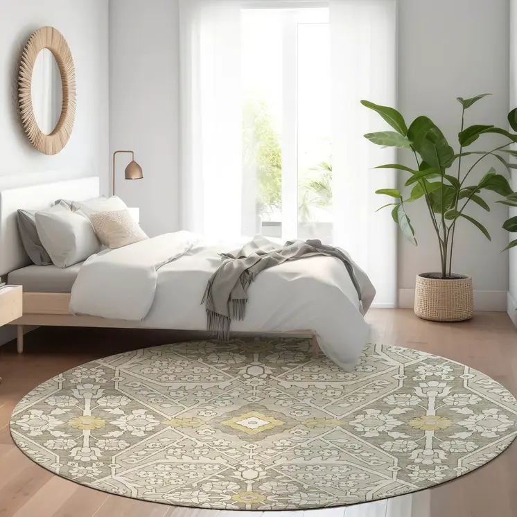 8' Ivory Beige And Gold Round Floral Washable Indoor Outdoor Area Rug