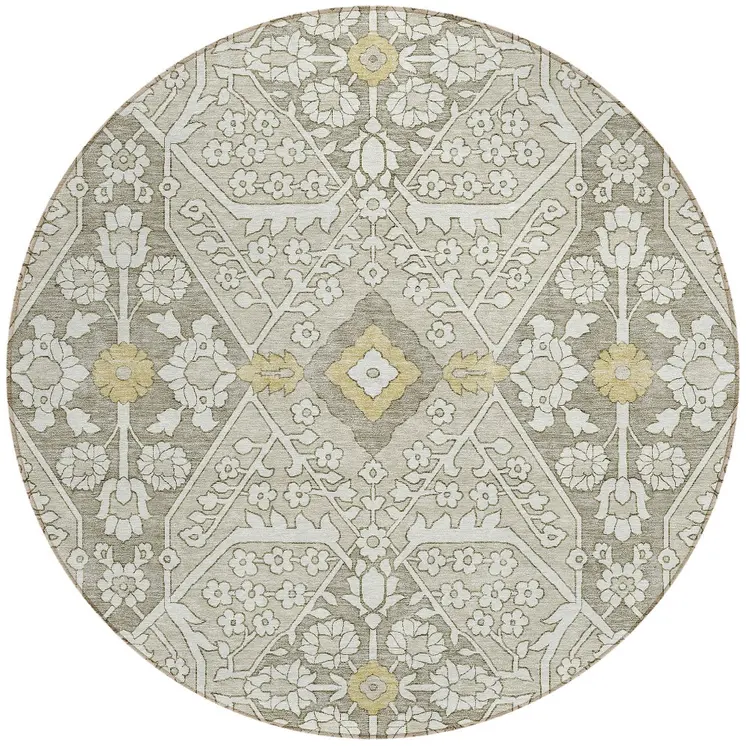 8' Ivory Beige And Gold Round Floral Washable Indoor Outdoor Area Rug