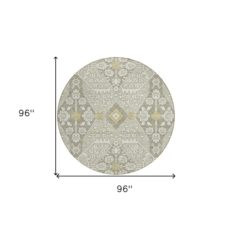 8' Ivory Beige And Gold Round Floral Washable Indoor Outdoor Area Rug