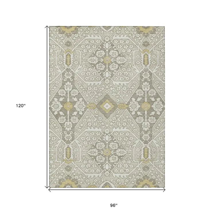 8' X 10' Ivory Beige And Gold Floral Washable Indoor Outdoor Area Rug