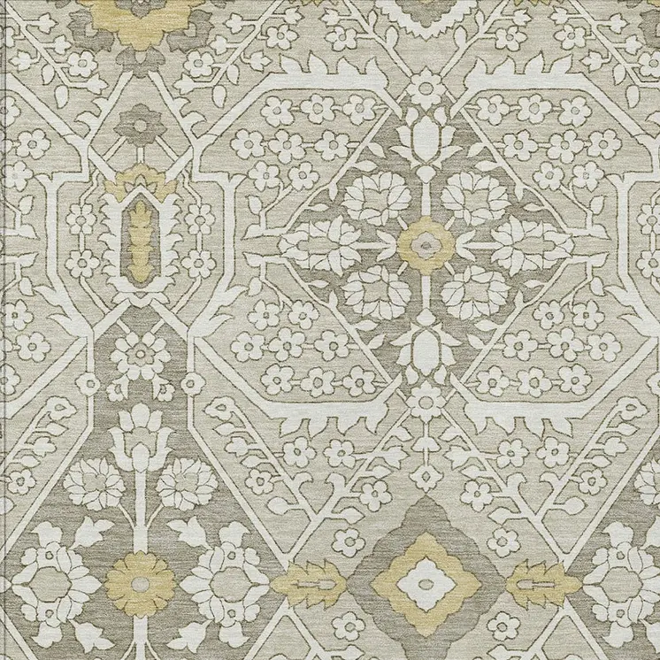 8' X 10' Ivory Beige And Gold Floral Washable Indoor Outdoor Area Rug