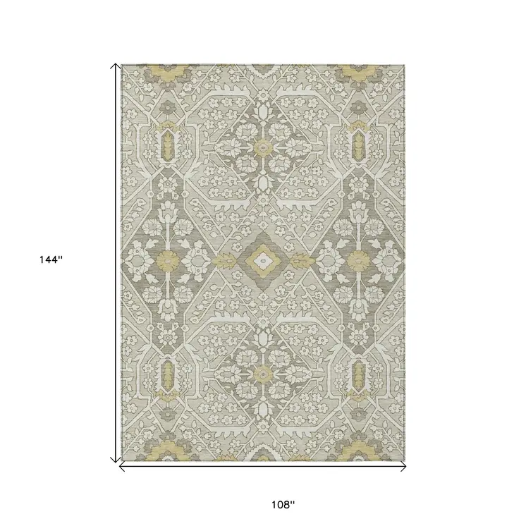 9' X 12' Ivory Beige And Gold Floral Washable Indoor Outdoor Area Rug