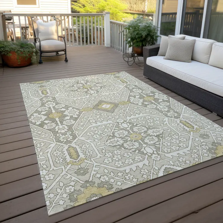 9' X 12' Ivory Beige And Gold Floral Washable Indoor Outdoor Area Rug