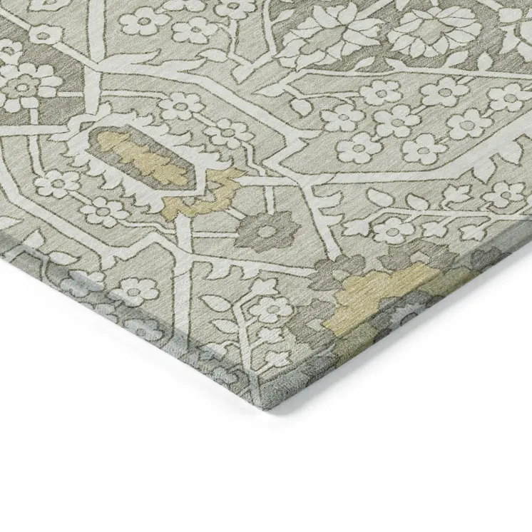 9' X 12' Ivory Beige And Gold Floral Washable Indoor Outdoor Area Rug