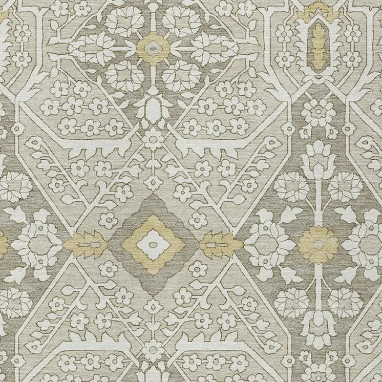 10' X 14' Ivory Beige And Gold Floral Washable Indoor Outdoor Area Rug