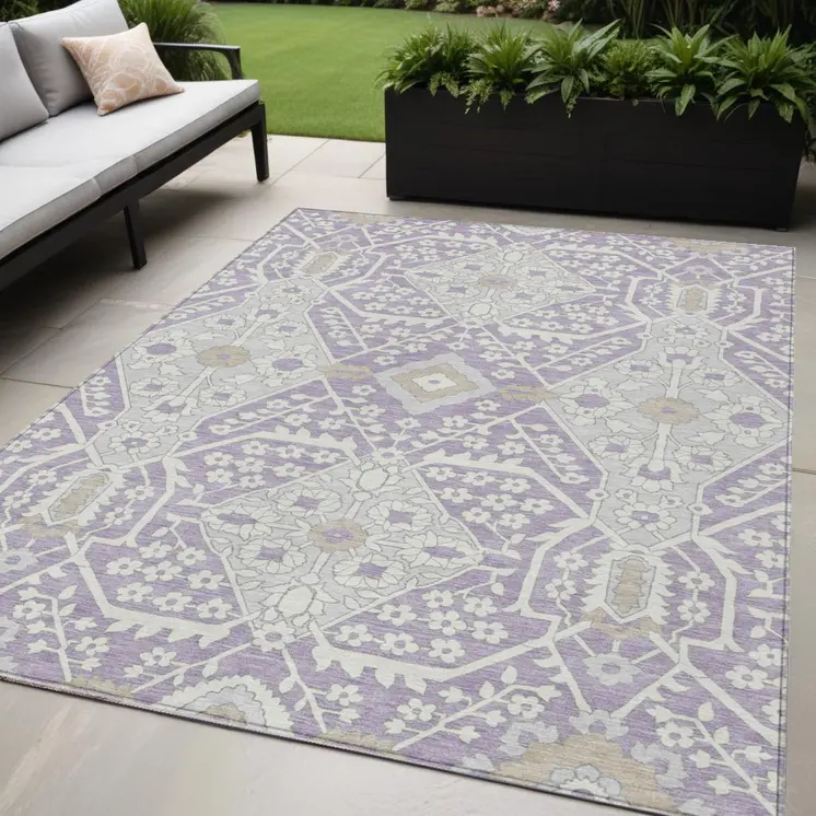 5' X 8' Lavender Gray And Beige Floral Washable Indoor Outdoor Area Rug