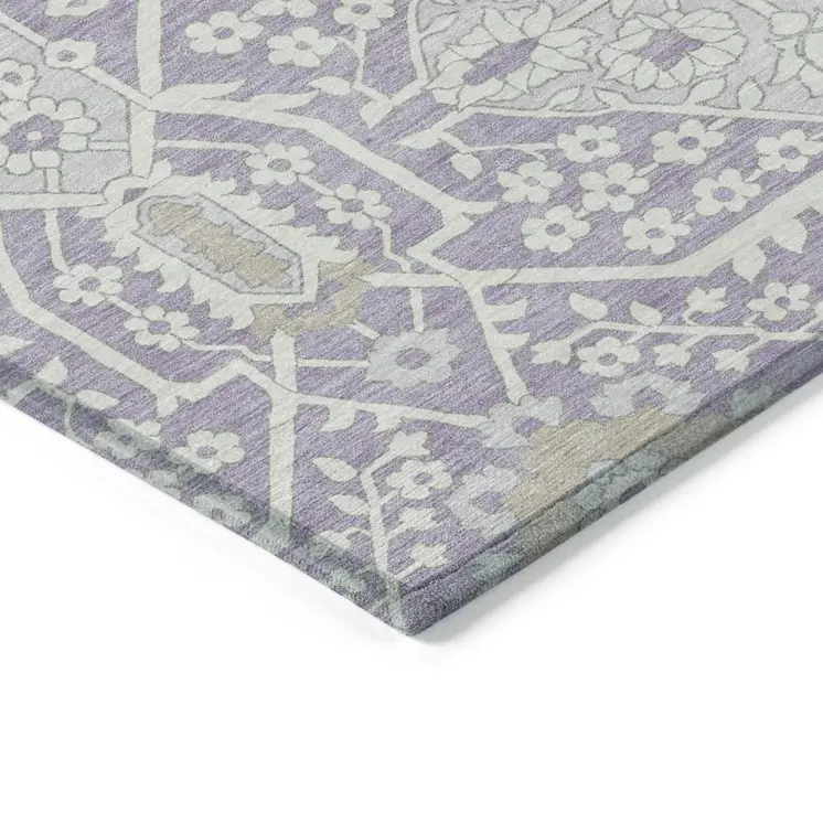 9' X 12' Lavender Gray And Beige Floral Washable Indoor Outdoor Area Rug