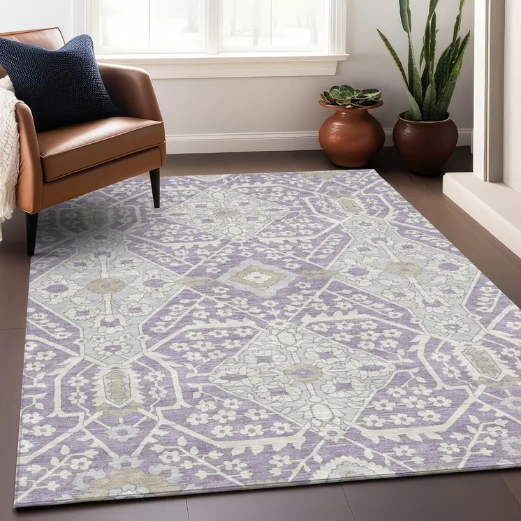 9' X 12' Lavender Gray And Beige Floral Washable Indoor Outdoor Area Rug
