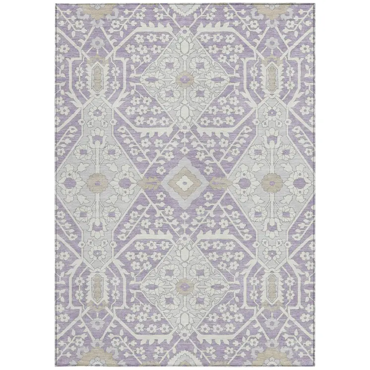 10' X 14' Lavender Gray And Beige Floral Washable Indoor Outdoor Area Rug