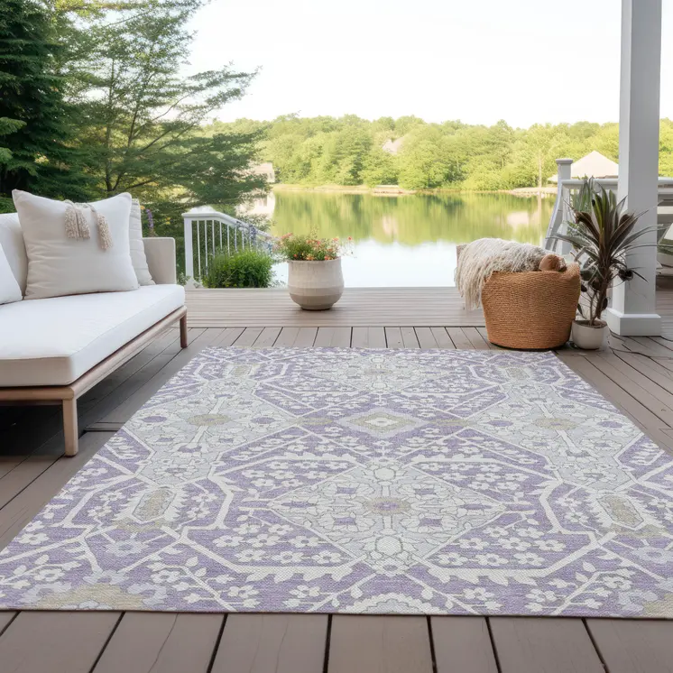 10' X 14' Lavender Gray And Beige Floral Washable Indoor Outdoor Area Rug