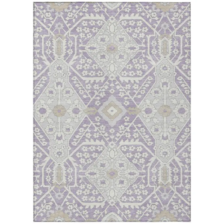 10' X 14' Lavender Gray And Beige Floral Washable Indoor Outdoor Area Rug