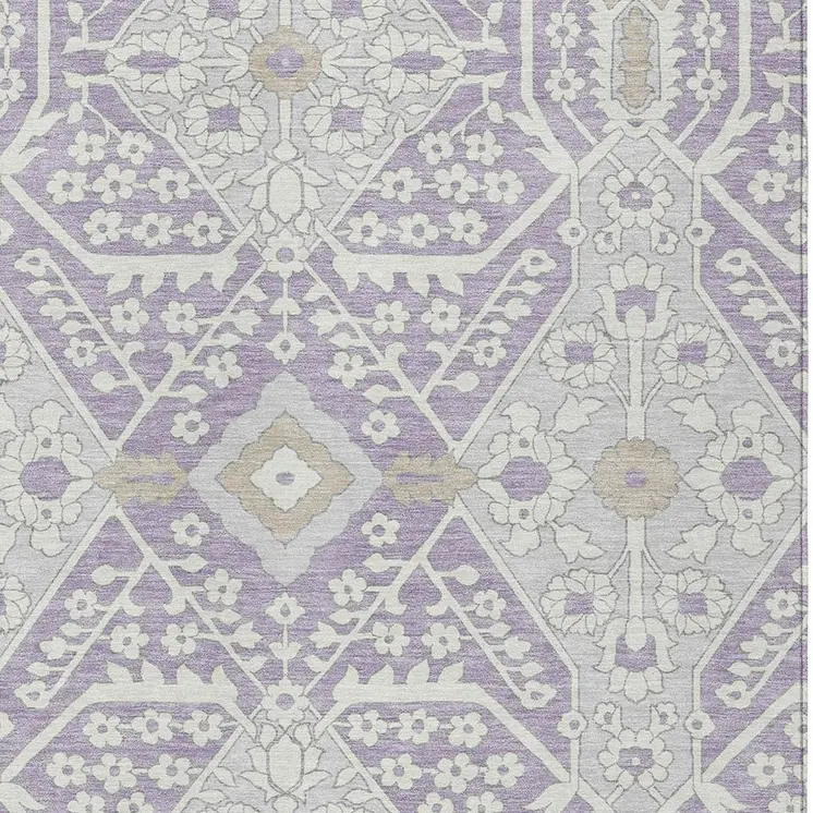 10' X 14' Lavender Gray And Beige Floral Washable Indoor Outdoor Area Rug