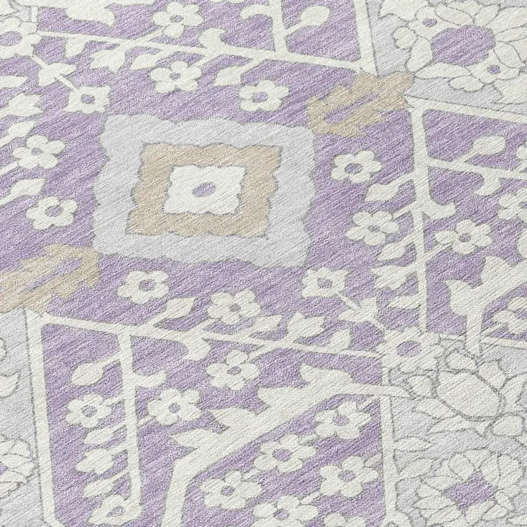 10' X 14' Lavender Gray And Beige Floral Washable Indoor Outdoor Area Rug